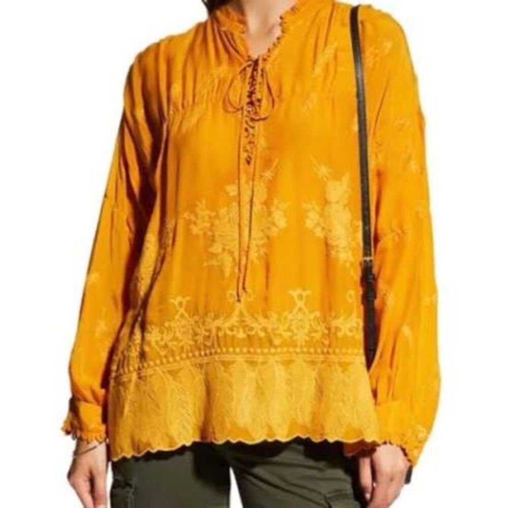 Johnny Was Feather Lara Blouse Primrose Yellow Small S Embroidered Rayon Top